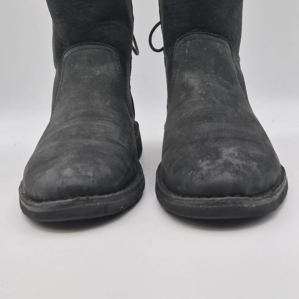 UGG Boots Womens Size‎ 8.5 Black Suede Shearling Lined Tie Back Ankle 1019164